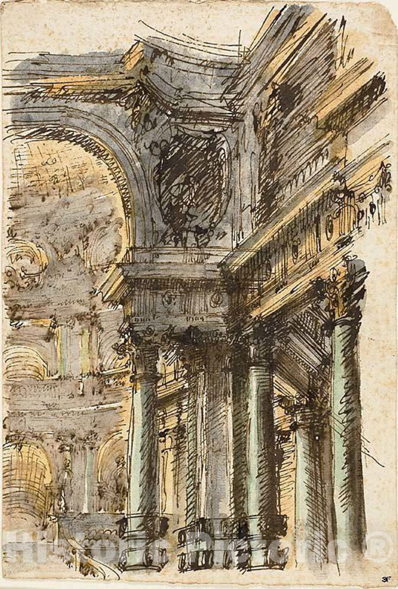 Art Print : Architectural Fantasy (recto); Architectural Details (verso), Mauro Antonio Tesi, c.1561, Vintage Wall Decor :