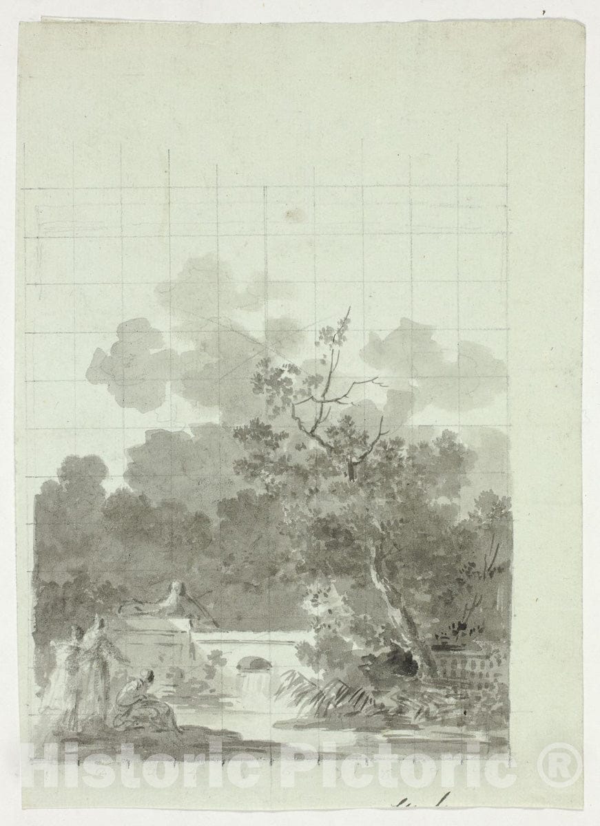 Art Print : View of the Park at Versailles: Fishing in Pond Near Grove of Trees, Pierre Antoine Mongin, c 1934, Vintage Wall Decor :