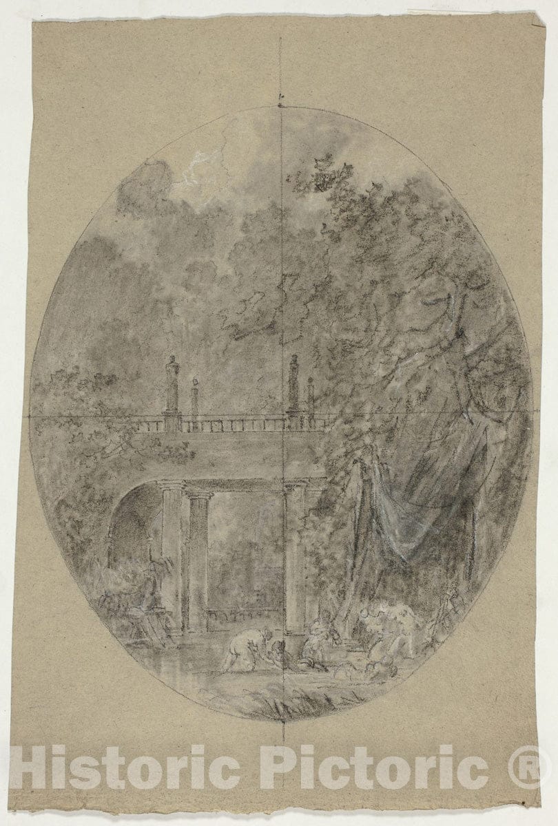 Art Print : View of the Park at Versailles: Women Bathing Beneath a Bridge, Pierre Antoine Mongin, c1880, Vintage Wall Decor :