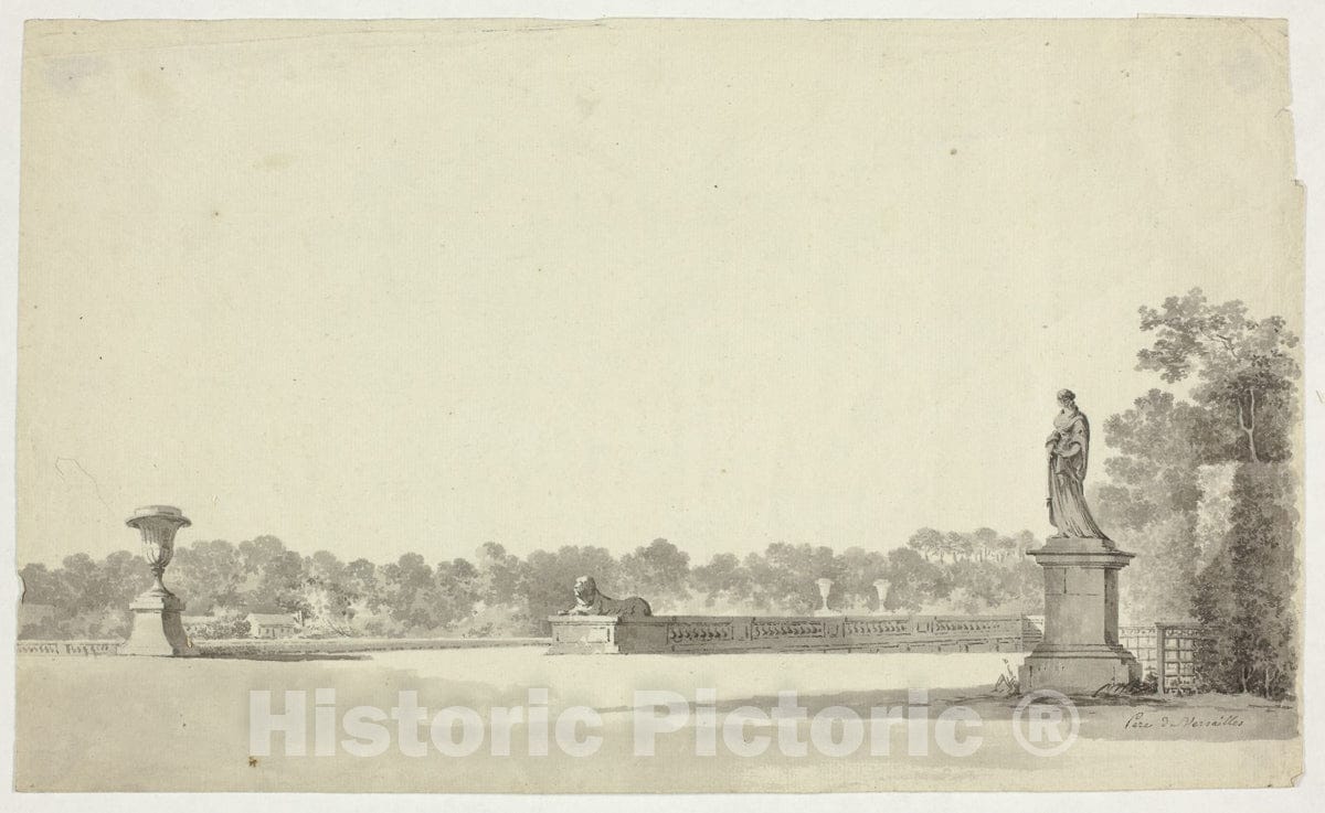Art Print : View of the Park at Versailles: Terrace with Urn, Sphinx and Female Statue, Pierre Antoine Mongin, c.1804, Vintage Wall Decor :