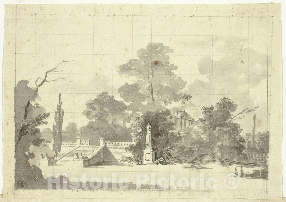 Art Print : View of the Park at Versailles: Stairway with Two Pairs of Sphinxes, Pierre Antoine Mongin, c.1804, Vintage Wall Decor :
