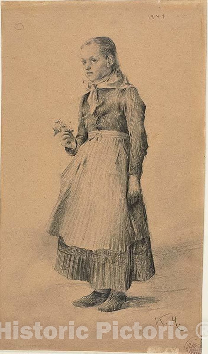 Art Print : Girl in Peasant Dress (recto); Sheet of Sketches: Women and Girls (verso), Karel Vitezslav Masek, c.1958, Vintage Wall Decor :
