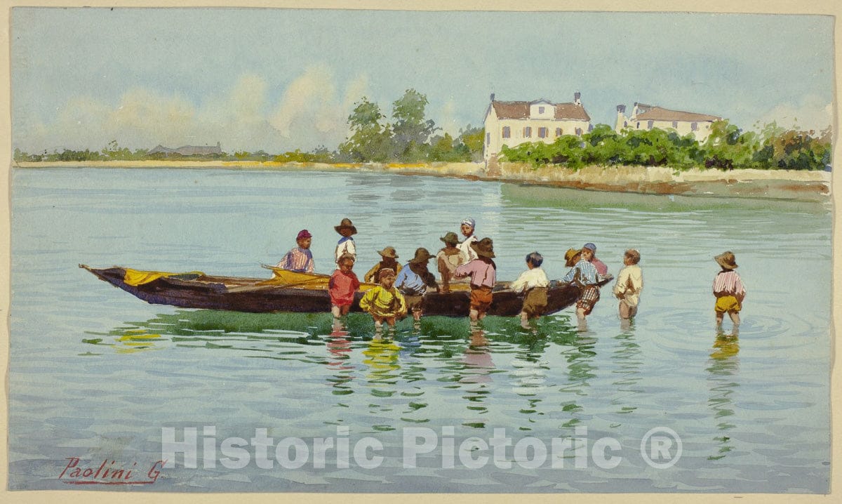 Art Print : Children with Boat on Venetian Lagoon, G. Paolini, c.1899, Vintage Wall Decor :