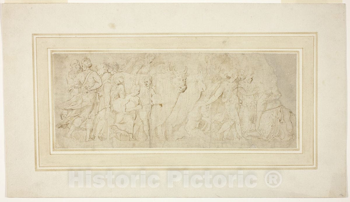 Art Print : Procession of Figures and Oxen, Girolamo da Carpi, c.1756, Vintage Wall Decor :