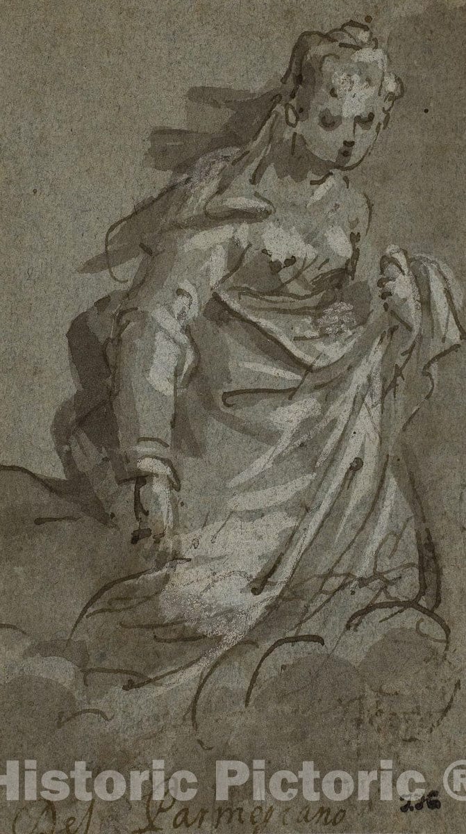 Art Print : Kneeling Cloud-borne Female Figure (the Magdalene?) (recto); Figure Sketches (verso), c.1721, Vintage Wall Decor :
