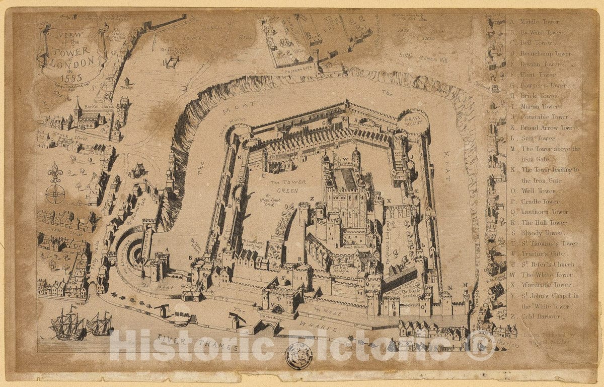 Art Print : View of the Tower of London in 1553, Unknown Artist, c 1952, Vintage Wall Decor :