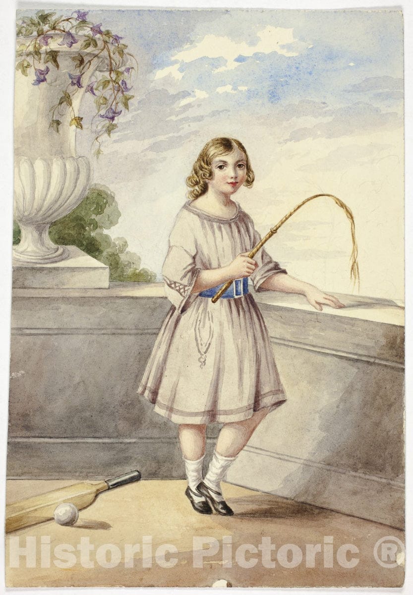 Art Print : Young Girl with Crop and Cricket Bat, Elizabeth Murray, c 1915, Vintage Wall Decor :