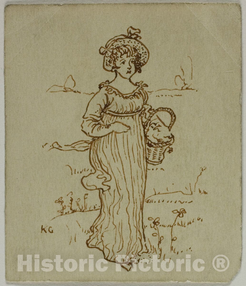 Art Print : Girl with Basket, Kate Greenaway, c.1550, Vintage Wall Decor :