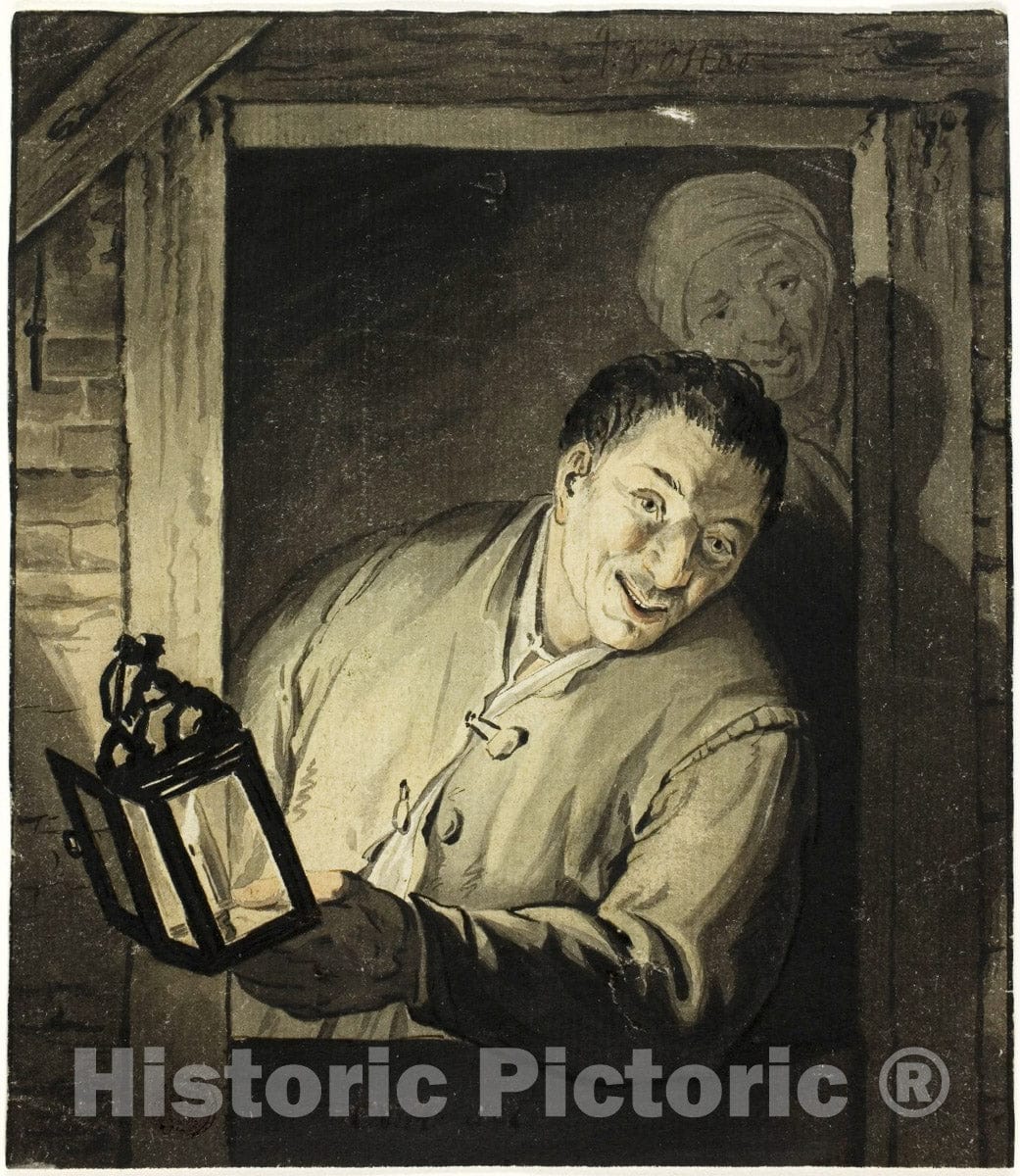 Art Print : Man with Lantern in Doorway, Adriaen Van Ostade, c 1818, Vintage Wall Decor :
