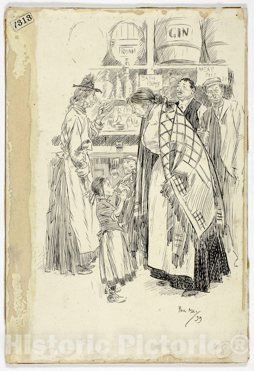 Art Print : London East End: Sketch in an East End Gin Shop, Philip William May, c 1860, Vintage Wall Decor :