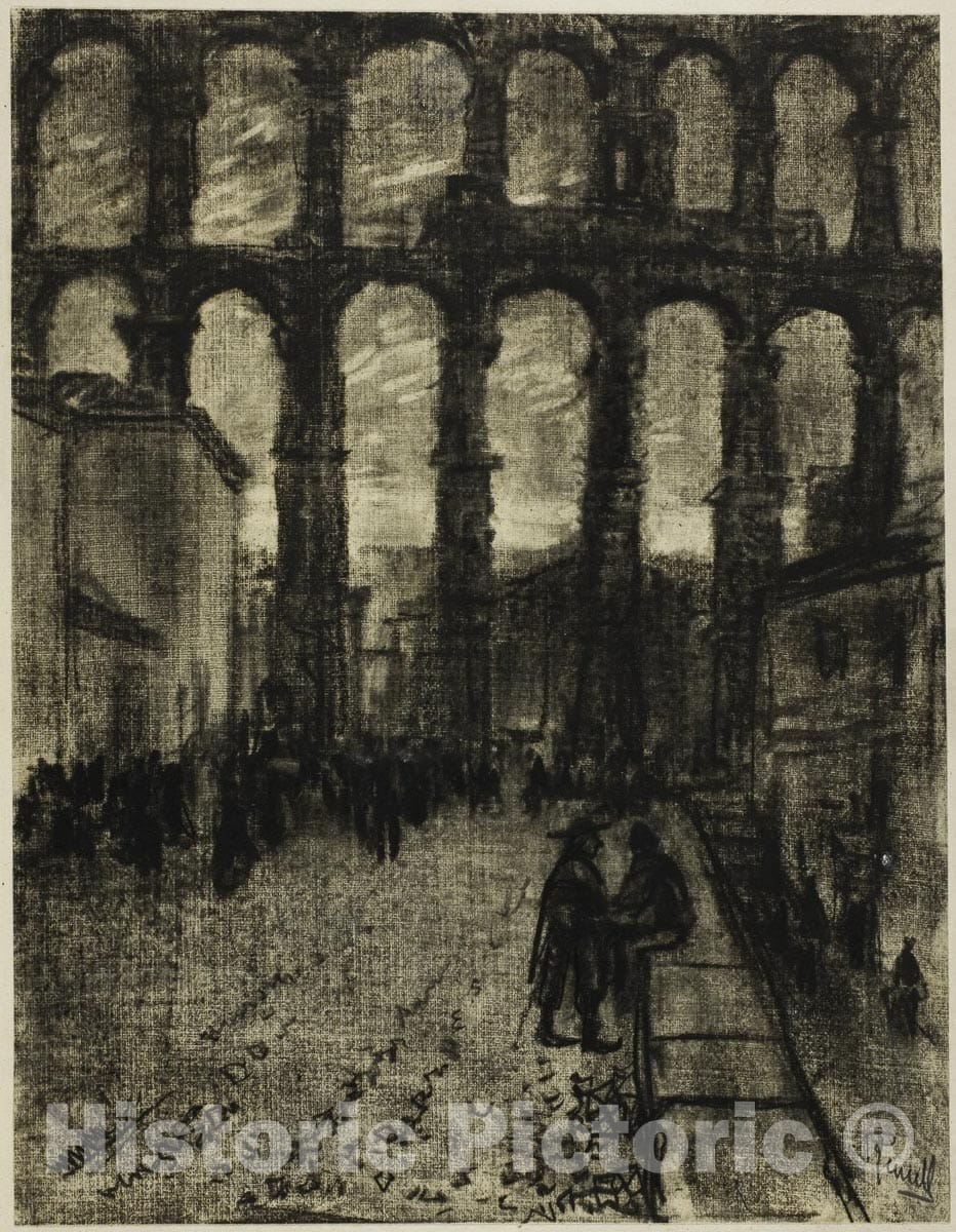 Art Print : Segovia, The Aqueduct from Market, Joseph Pennell, c 1900, Vintage Wall Decor :