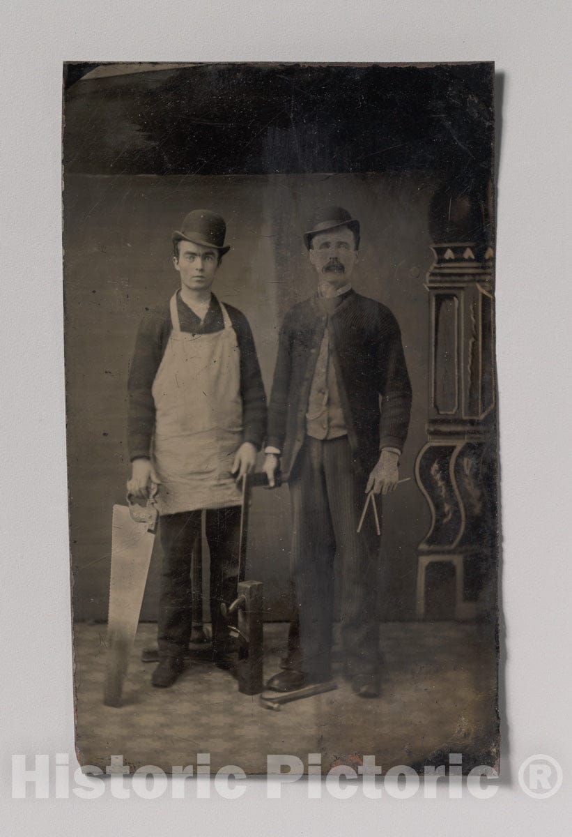 Art Print : Two Carpenters with a Handsaw, Wood Plane, Hammer, Compass, and Square - Artist Unknown : Vintage Wall Art