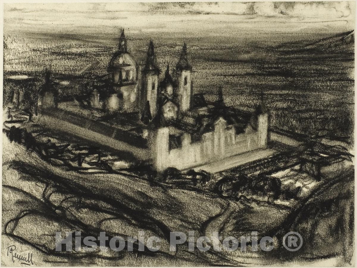 Art Print : The Escorial from the Seat of Phillip (Phillips Chair), Joseph Pennell, c 1815, Vintage Wall Decor :