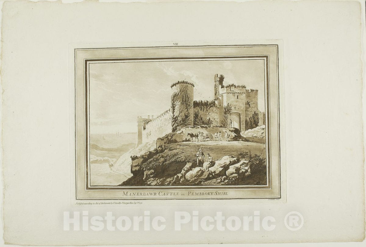 Art Print : Manerbawr Castle in Pembroke Shire, from Twelve Views in Aquatinta from Drawings taken on the Spot in South Wales, Paul Sandby, c.1798, Vintage Wall Decor :