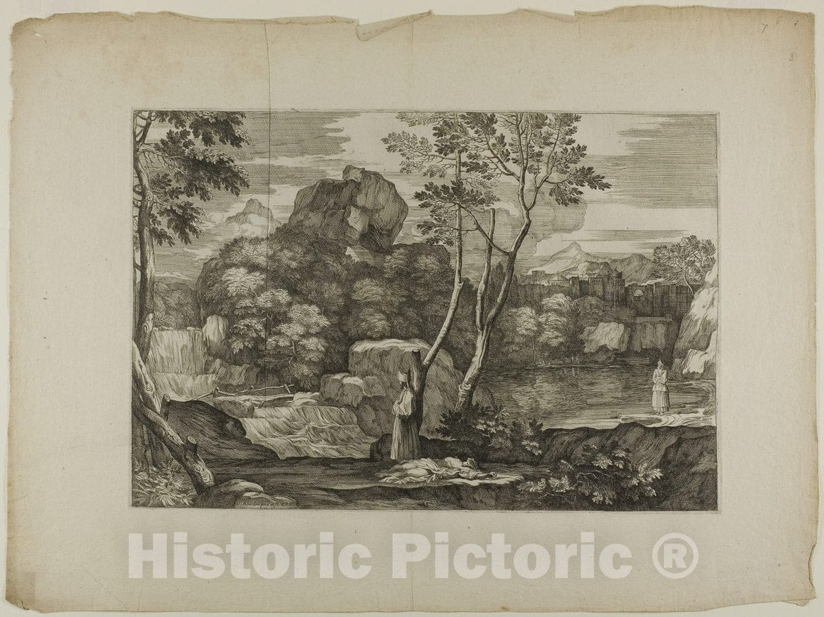 Art Print : Landscape with a Dead Man and Two Priests, Sebastien Bourdon, c 1862, Vintage Wall Decor :
