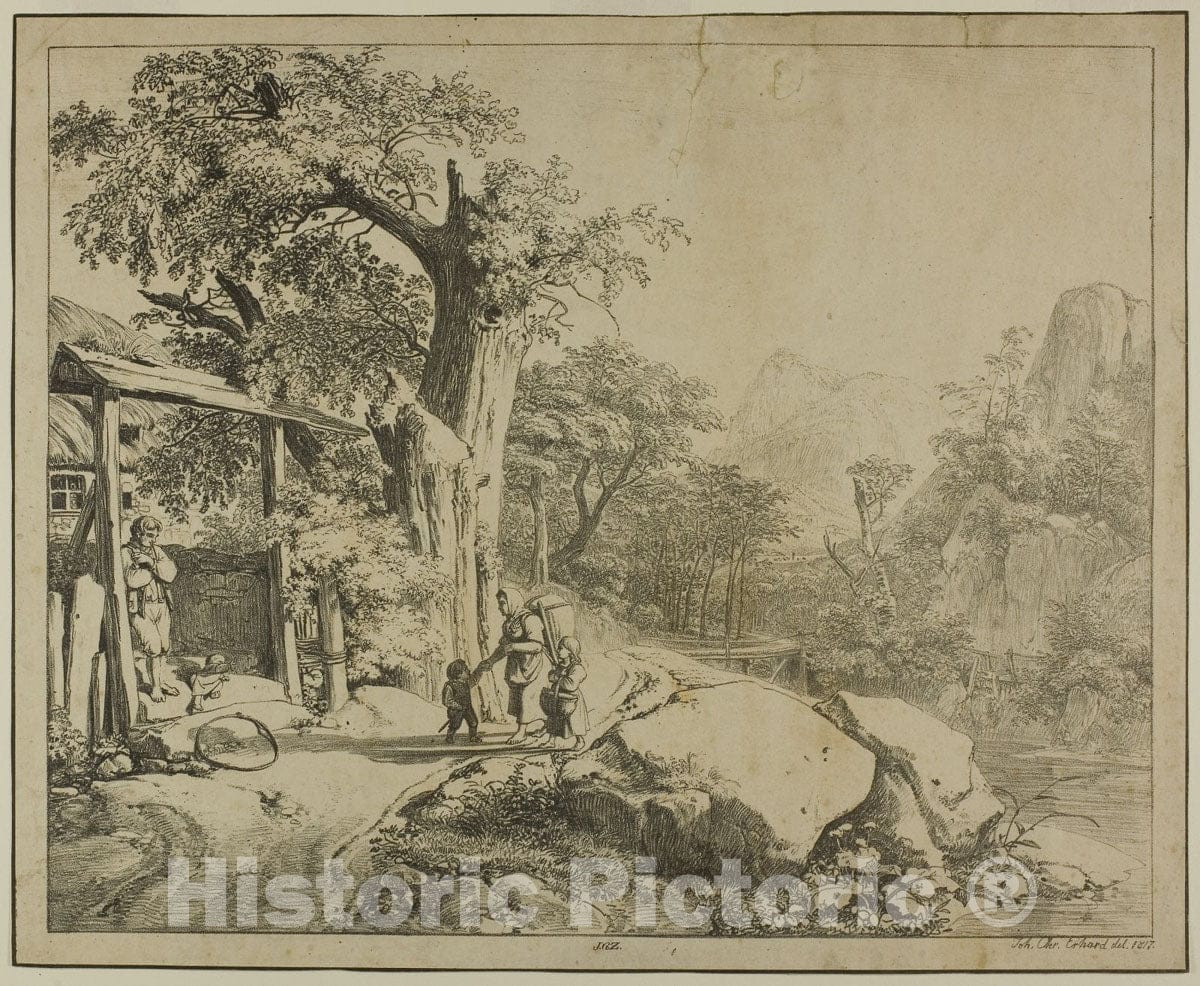 Art Print : Mountain Landscape with Staffage, Johann Christoph Erhard, c 1922, Vintage Wall Decor :