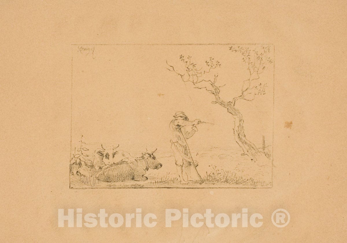 Art Print : Herdsman Sharpening a Scythe, with Cattle, Johann Christian Klengel, c 1922, Vintage Wall Decor :