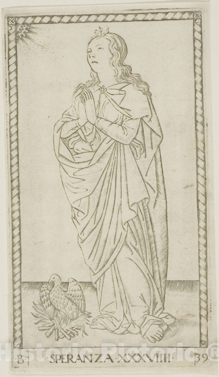 Art Print : Hope, plate thirty-nine from Genii and Virtues, Master of the E-Series Tarocchi, c.1561, Vintage Wall Decor :