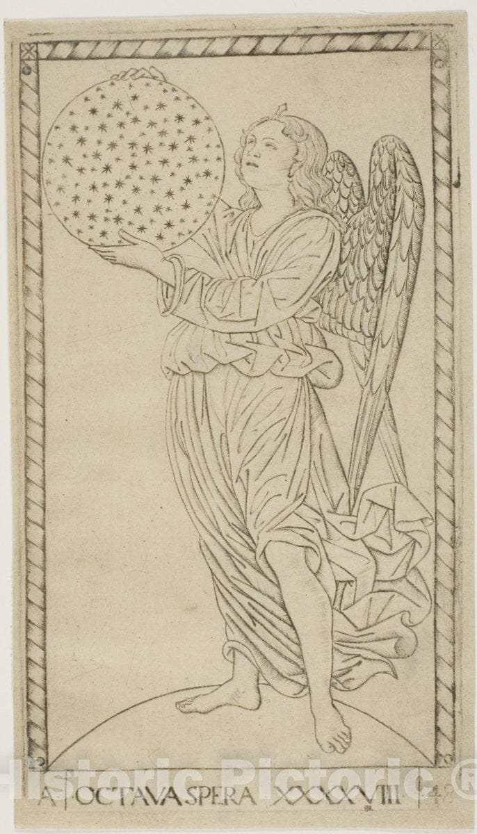 Art Print : The Angel and the Eighth Sphere, plate forty-eight from Planets and Spheres, Master of the E-Series Tarocchi, c.1477, Vintage Wall Decor :