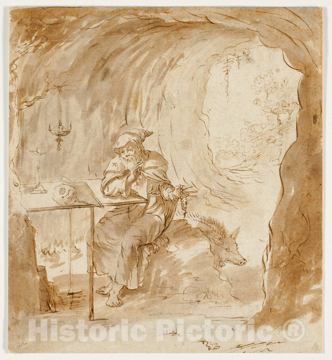 Art Print : St. Anthony with the Boar, Antonio Tempesta, c.1558, Vintage Wall Decor :