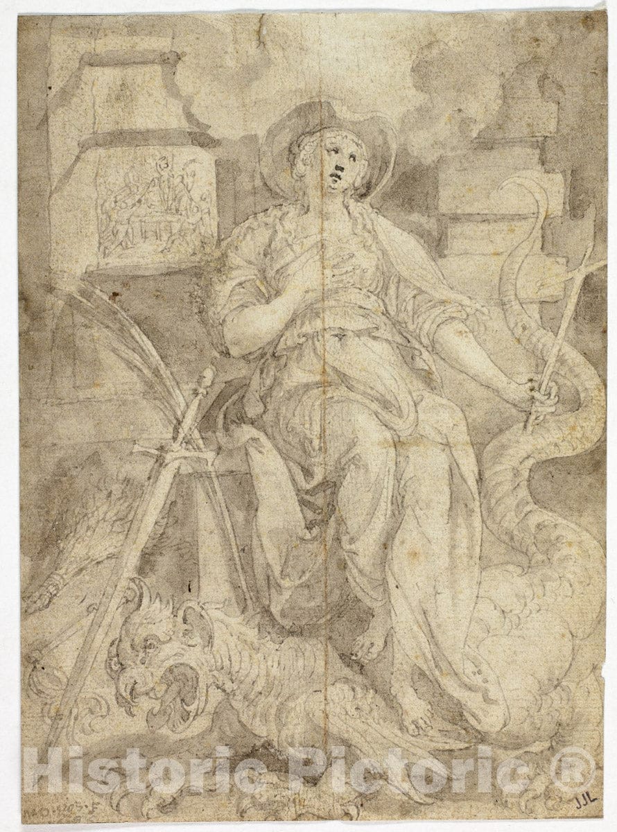 Art Print : Female Figure Standing on a Dragon, Marten de Vos, c 1600, Vintage Wall Decor :