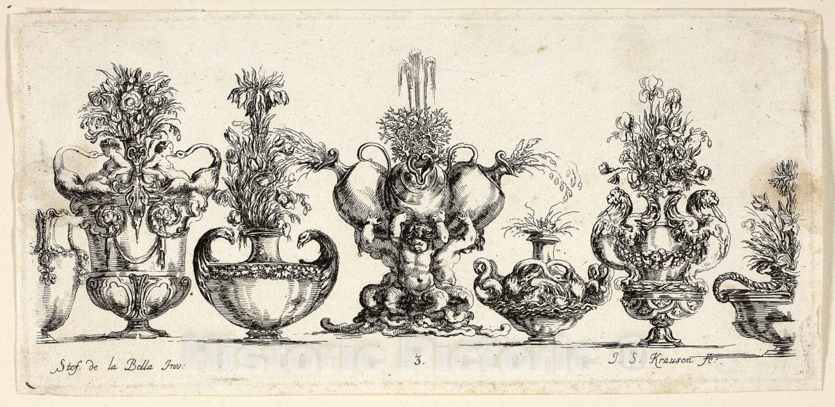 Art Print : Plate Three from Raccolta di Vasi diversi di Stef. de la Bella Fiorentino, Johanna Sibylla Kusell, (Kuslin Kraus), c.1847, Vintage Wall Decor :