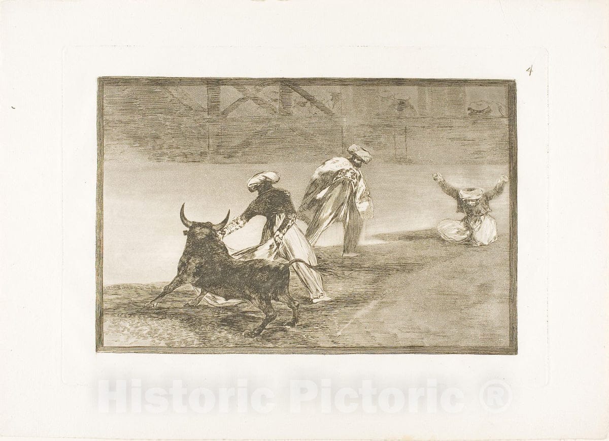Art Print : They Play Another with the Cape in an Enclosure, plate four from The Art of Bullfighting, Francisco Goya, c.1814, Vintage Wall Decor :