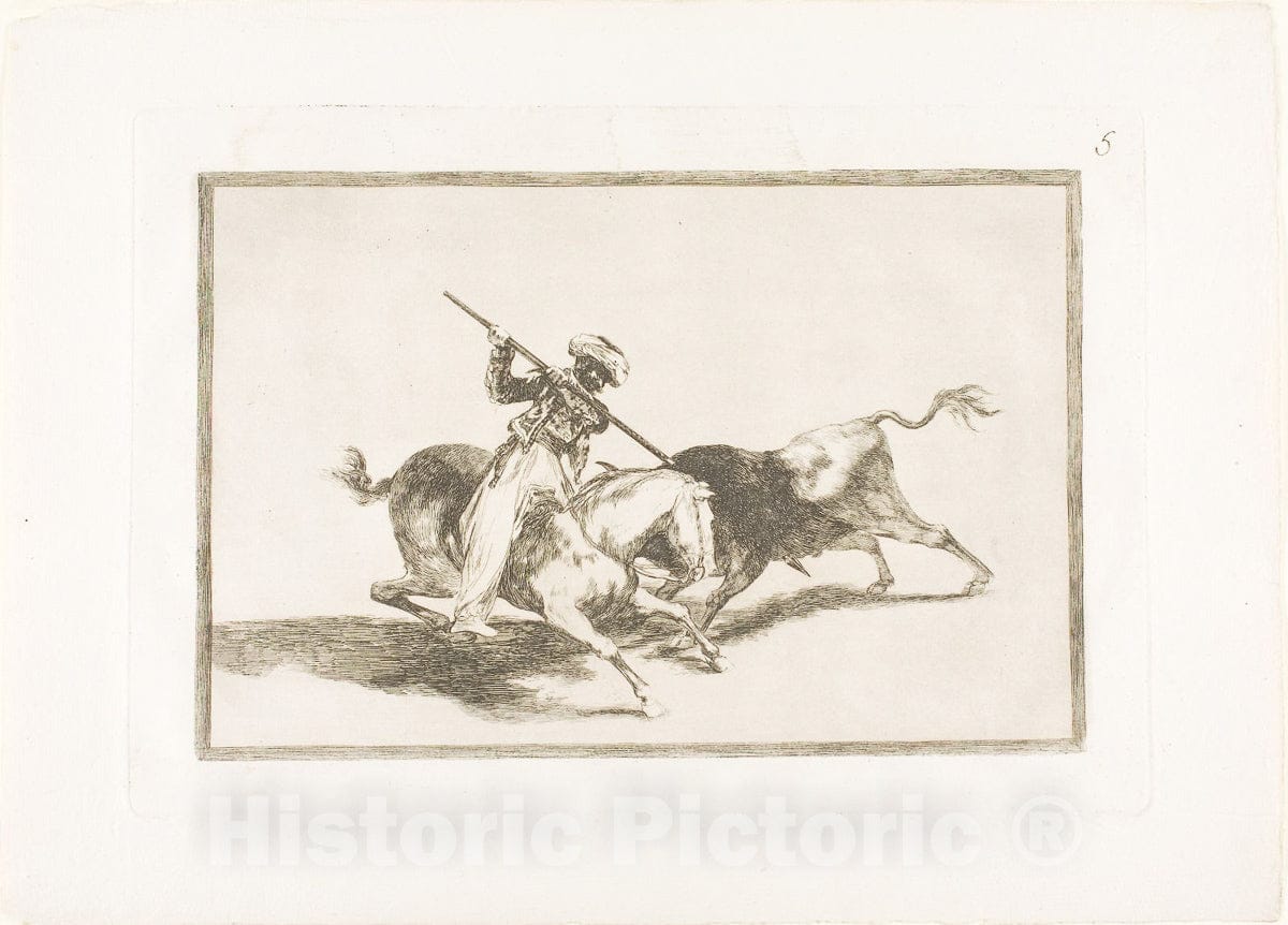 Art Print : The Spirited Moor Gazul is the First to Spear Bulls According to Rules, plate five from The Art of Bullfighting, Francisco Goya, c.1798, Vintage Wall Decor :