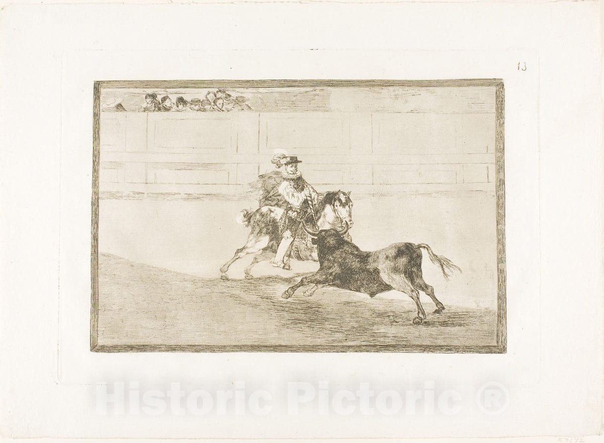 Art Print : A Spanish mounted knight in the ring breaking ,  from The Art of Bullfighting, Francisco Goya, c.1814, Vintage Wall Decor :