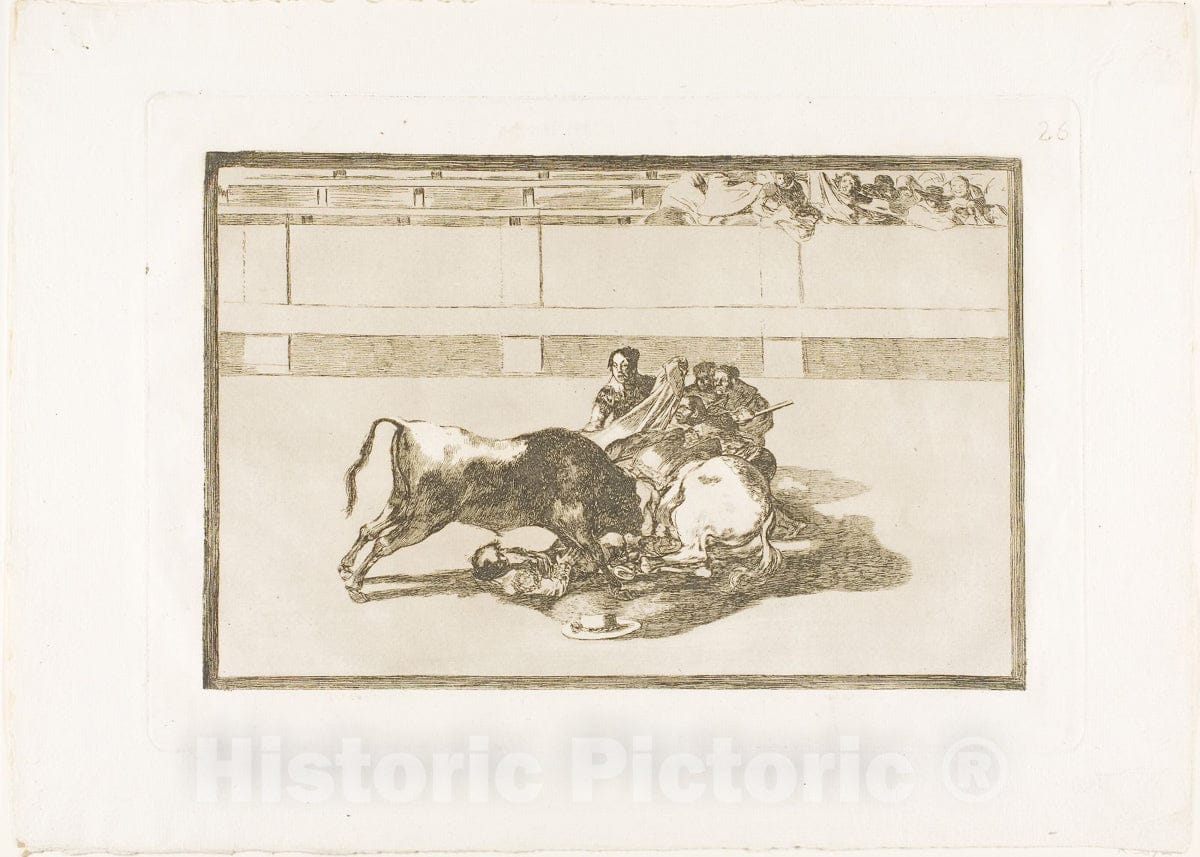 Art Print : A Picador is Unhorsed and Falls under the Bull, plate twenty-six from The Art of Bullfighting, Francisco Goya, c.1814, Vintage Wall Decor :