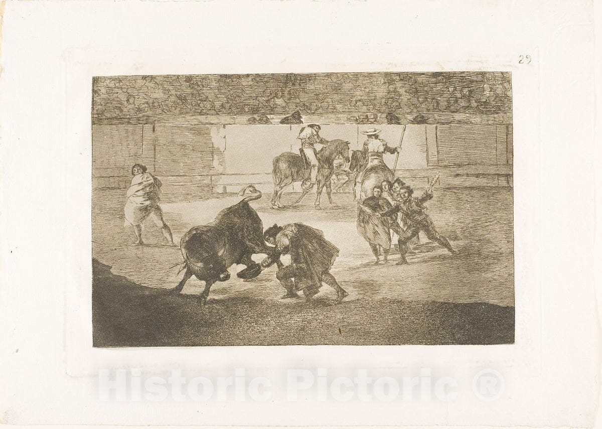 Art Print : Pepe Illo making the pass of the recorte, plate twenty-nine from The Art of Bullfighting, Francisco Goya, c.1811, Vintage Wall Decor :