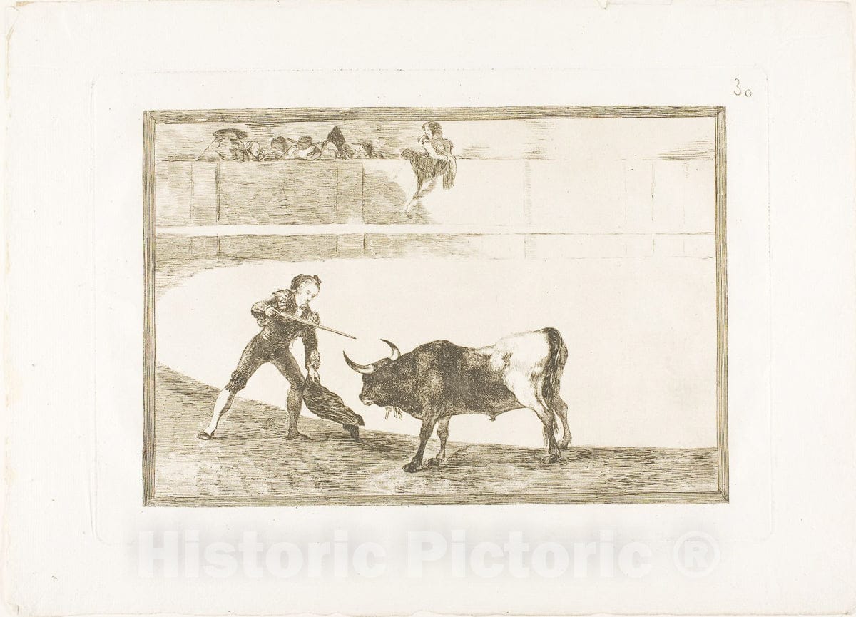 Art Print : Pedro Romero killing the halted bull, plate thirty from The Art of Bullfighting, Francisco Goya, c 1815, Vintage Wall Decor :
