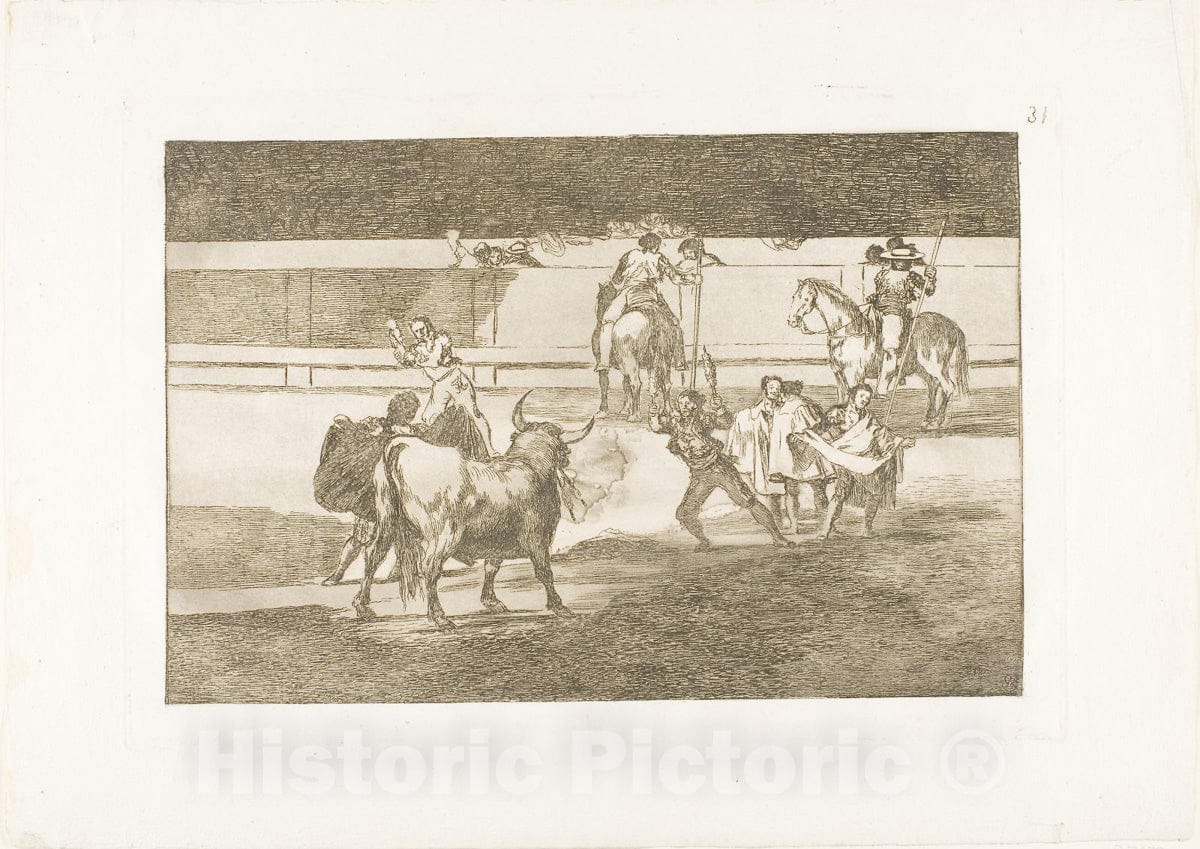 Art Print : Banderillas with firecrackers, plate thirty-one from The Art of Bullfighting, Francisco Goya, c 1907, Vintage Wall Decor :