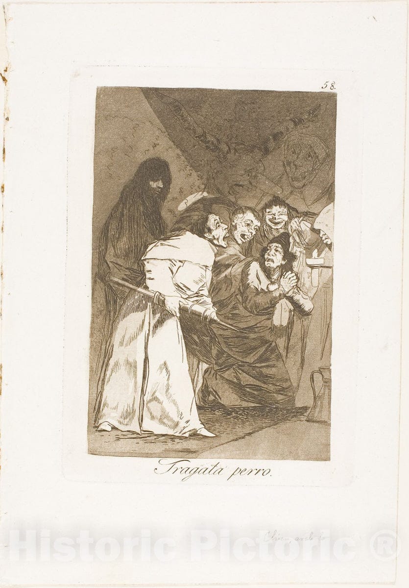 Art Print : Swallow it, dog, plate fifty-eight from Los Caprichos, Francisco Goya, c.1798, Vintage Wall Decor :