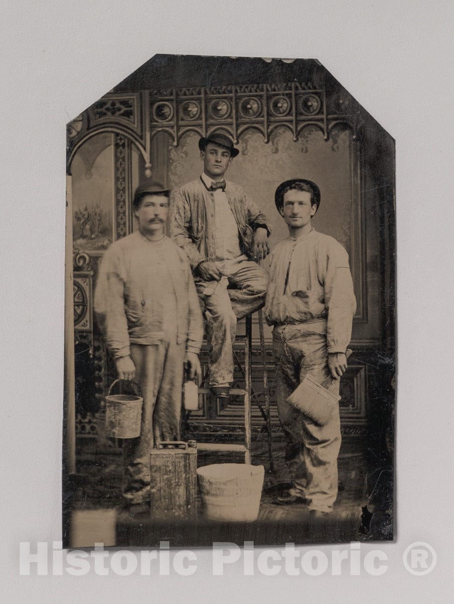 Art Print : Three Painters, Arranged On and Around a Ladder, with Brushes, Bucket, and Paint Can - Artist Unknown : Vintage Wall Art