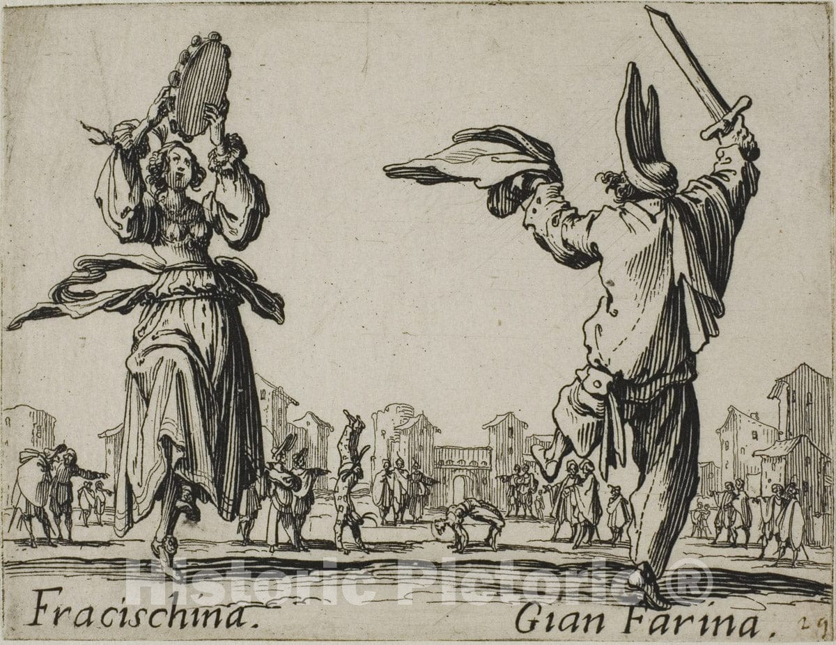 Art Print : Riciulina - Metzetin, from Balli di Sfessania, Jacques Callot, c.1622, Vintage Wall Decor :
