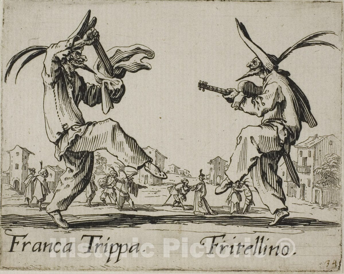 Art Print : Pulliciniello - Sig. Lucretia,from Balli di Sfessania, Jacques Callot, c.1622, Vintage Wall Decor :