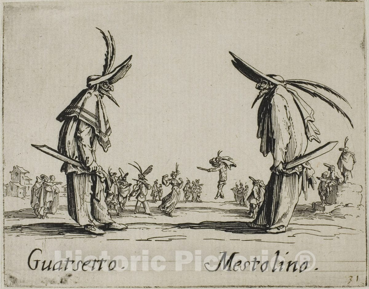 Art Print : Scaramucia - Fricasso, from Balli di Sfessania, Jacques Callot, c.1788, Vintage Wall Decor :