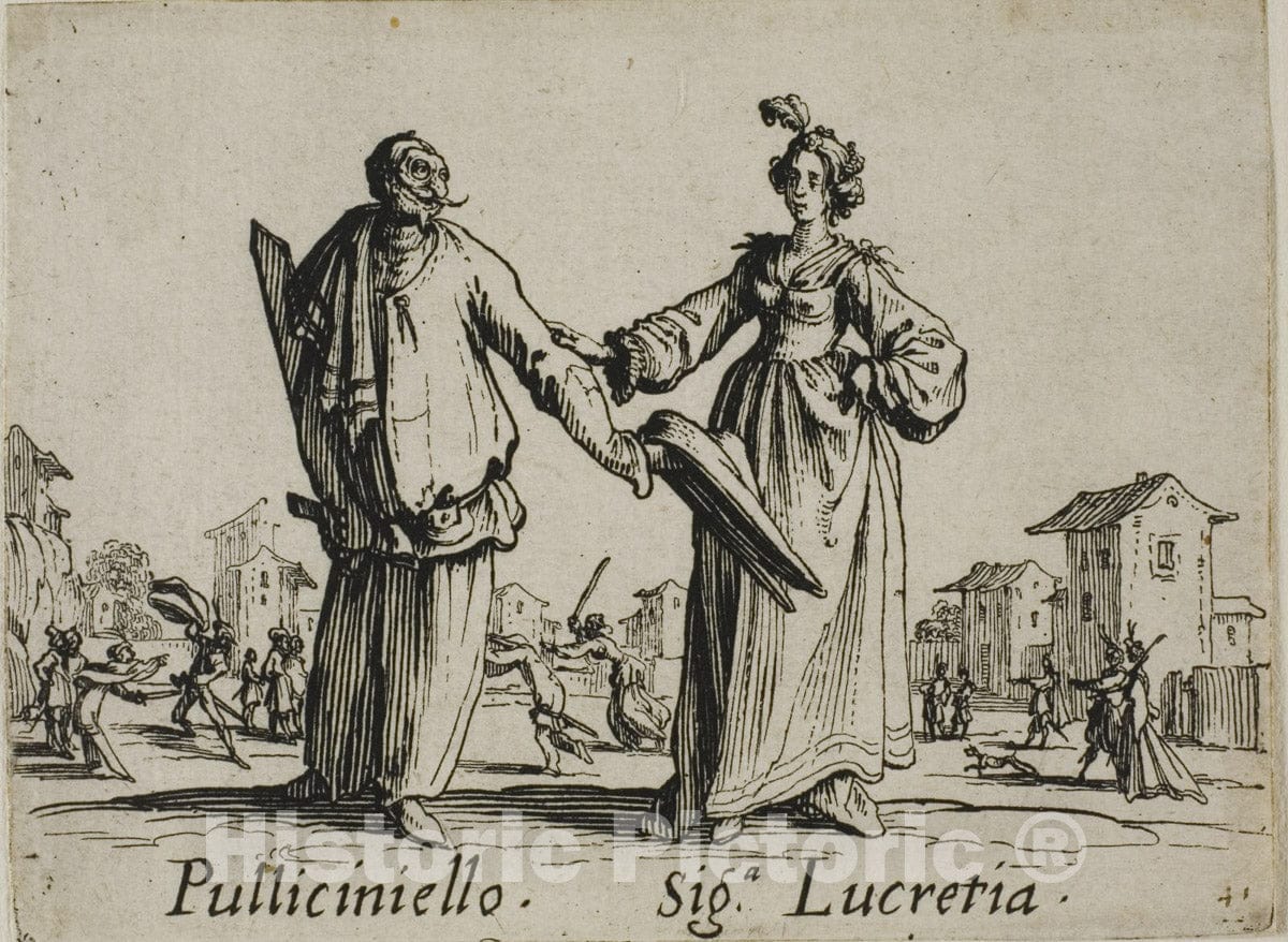 Art Print : Cap. Mala Gamba - Cap. Bellavita, from Balli di Sfessania, Jacques Callot, c 1852, Vintage Wall Decor :