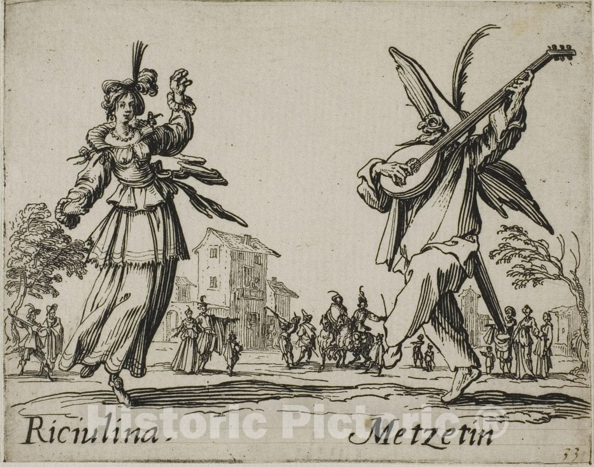 Art Print : Fracischina - Gian Farina, from Balli di Sfessania, Jacques Callot, c 1980, Vintage Wall Decor :