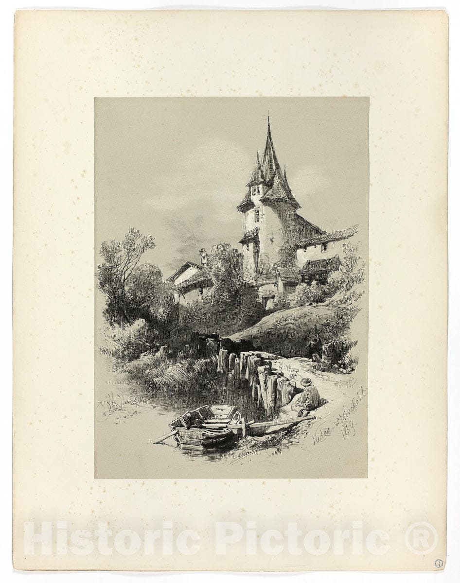 Art Print : Nidan W. Neuchatel, from Picturesque Selections, James Duffield Harding, c 1860, Vintage Wall Decor :