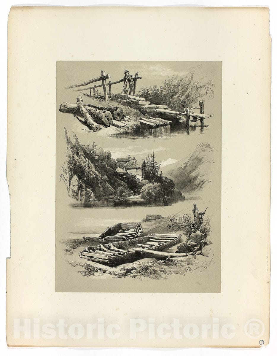 Art Print : Lake of Uri and Brunnen, from Picturesque Selections, James Duffield Harding, c 1960, Vintage Wall Decor :