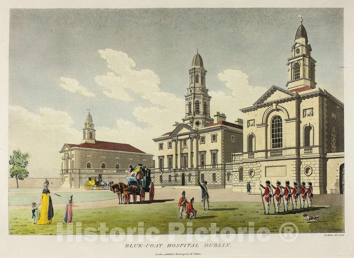 Art Print : Blue-Coat Hospital, Dublin, James Malton, c 1795, Vintage Wall Decor :