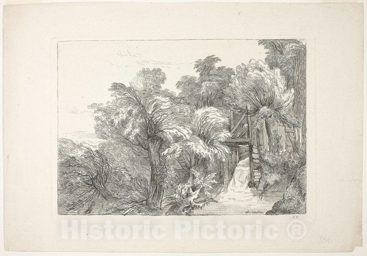 Art Print : A Mill Lock in the Middle of Willows, plate ninety-seven , FranÃ§ois Boucher, c.1803, Vintage Wall Decor :