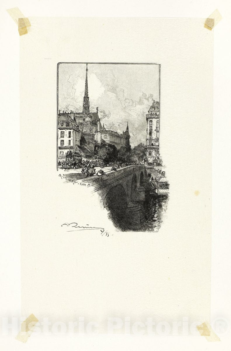 Art Print : Le Pont Saint-Michel, plate twelve from Le Long de la Seine et des Boulevards, Louis Auguste LepÃ¨re, c 1887, Vintage Wall Decor :