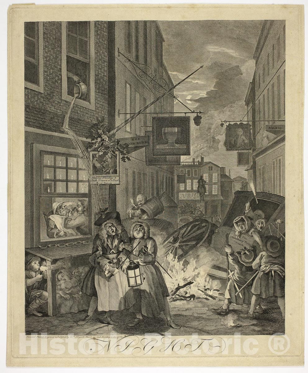 Art Print : Night, plate four from The Four Times of Day, William Hogarth, c 1735, Vintage Wall Decor :