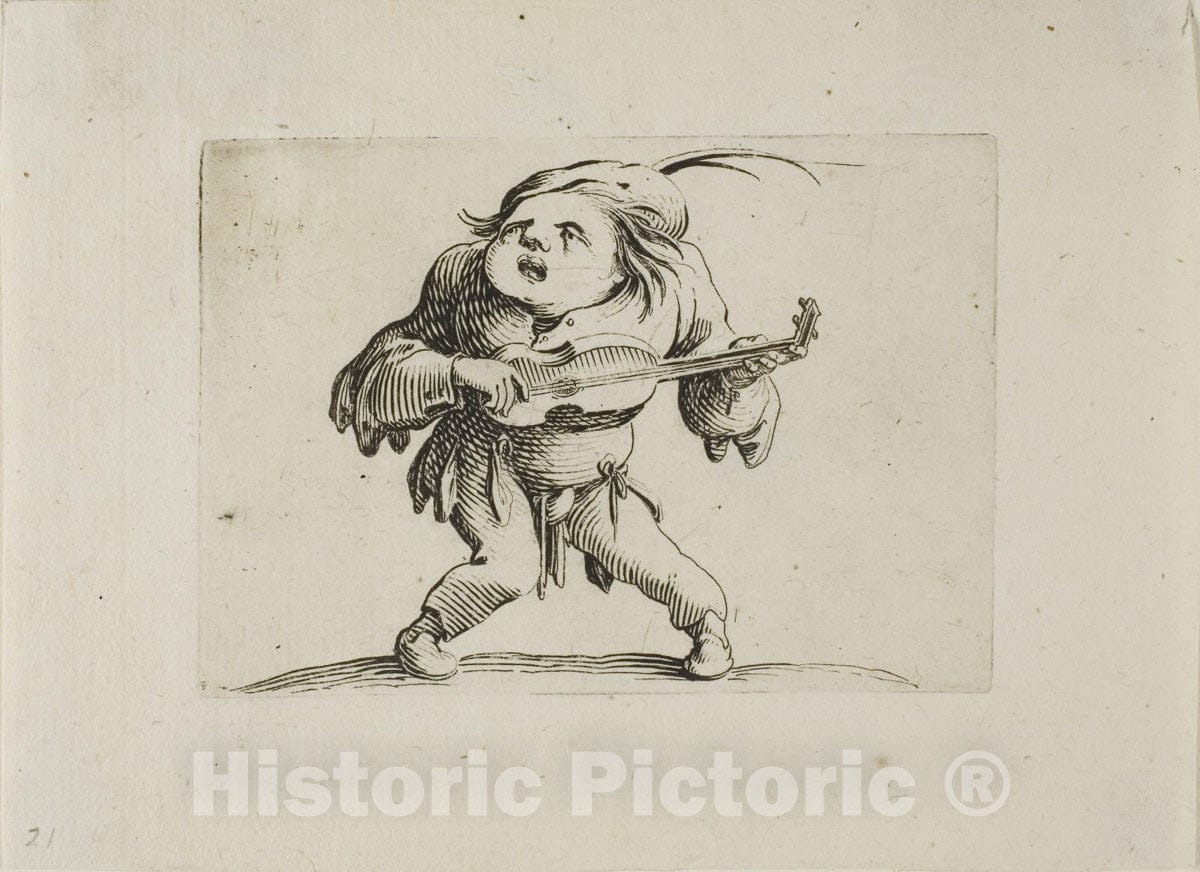 Art Print : The Wobbly Man Playing the Guitar, from Varie Figure Gobbi, Jacques Callot, c.1686, Vintage Wall Decor :