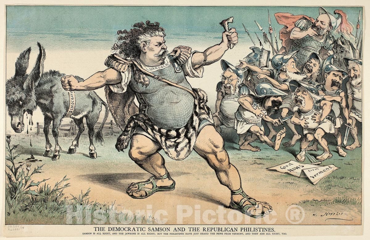 Art Print : The Democratic Samson and the Republican Philistines, from Puck, Joseph Keppler, c 1896, Vintage Wall Decor :