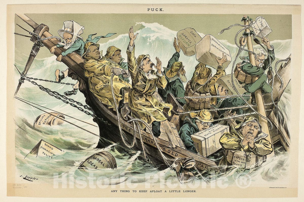 Art Print : Any Thing to Keep Afloat a Little Longer, from Puck, Joseph Keppler, c.1876, Vintage Wall Decor :