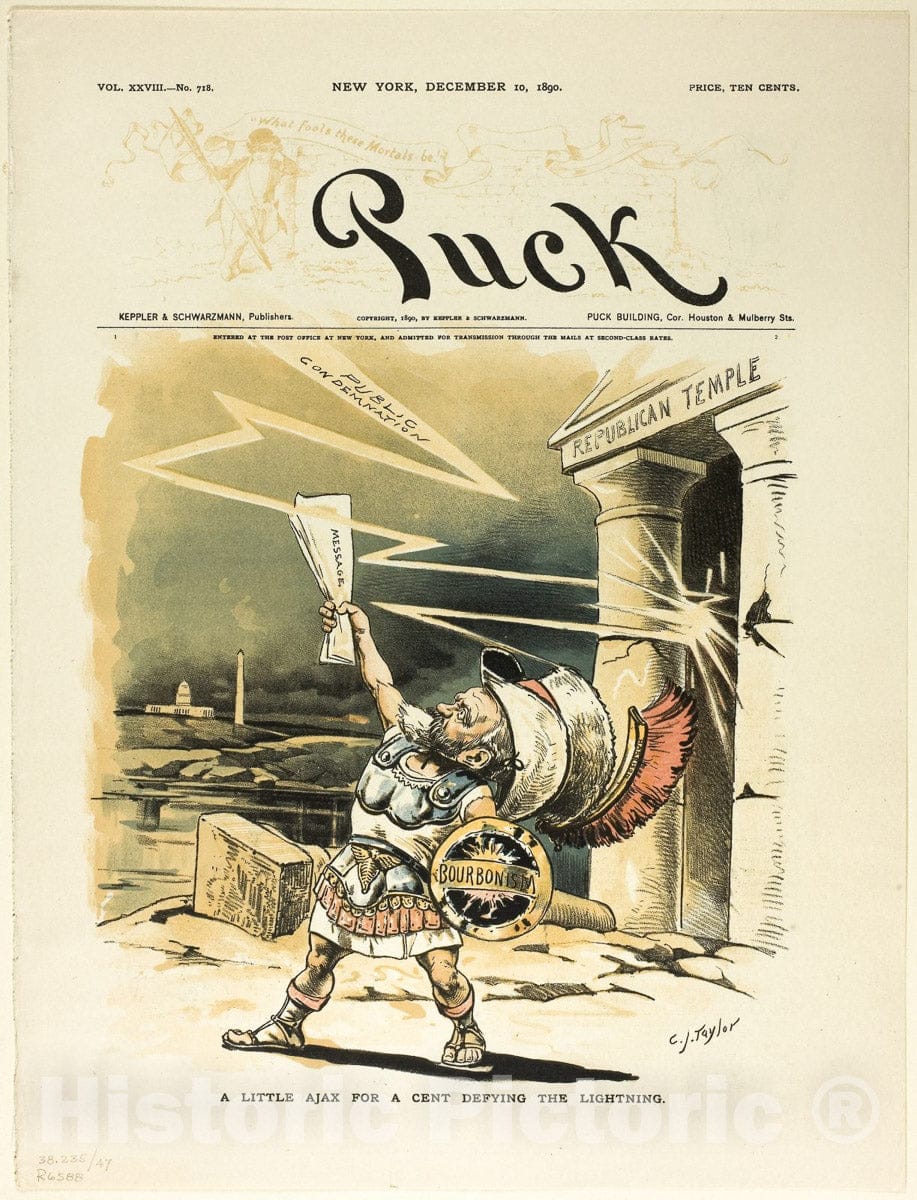 Art Print : A Little Ajax for a Cent Defying the Lightning, from Puck, C. Jay Taylor, c 1887, Vintage Wall Decor :